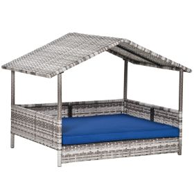 PawHut Pet House Wicker, Rattan Bed for Indoor/Outdoor with Water-Resistant and Removable Cushions, Elevated Bottom, Dark Blue